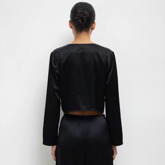 Leset Barb Satin Long Sleeve Open Tie Cropped Crop Blouse Top Black - Picture 4 of 11